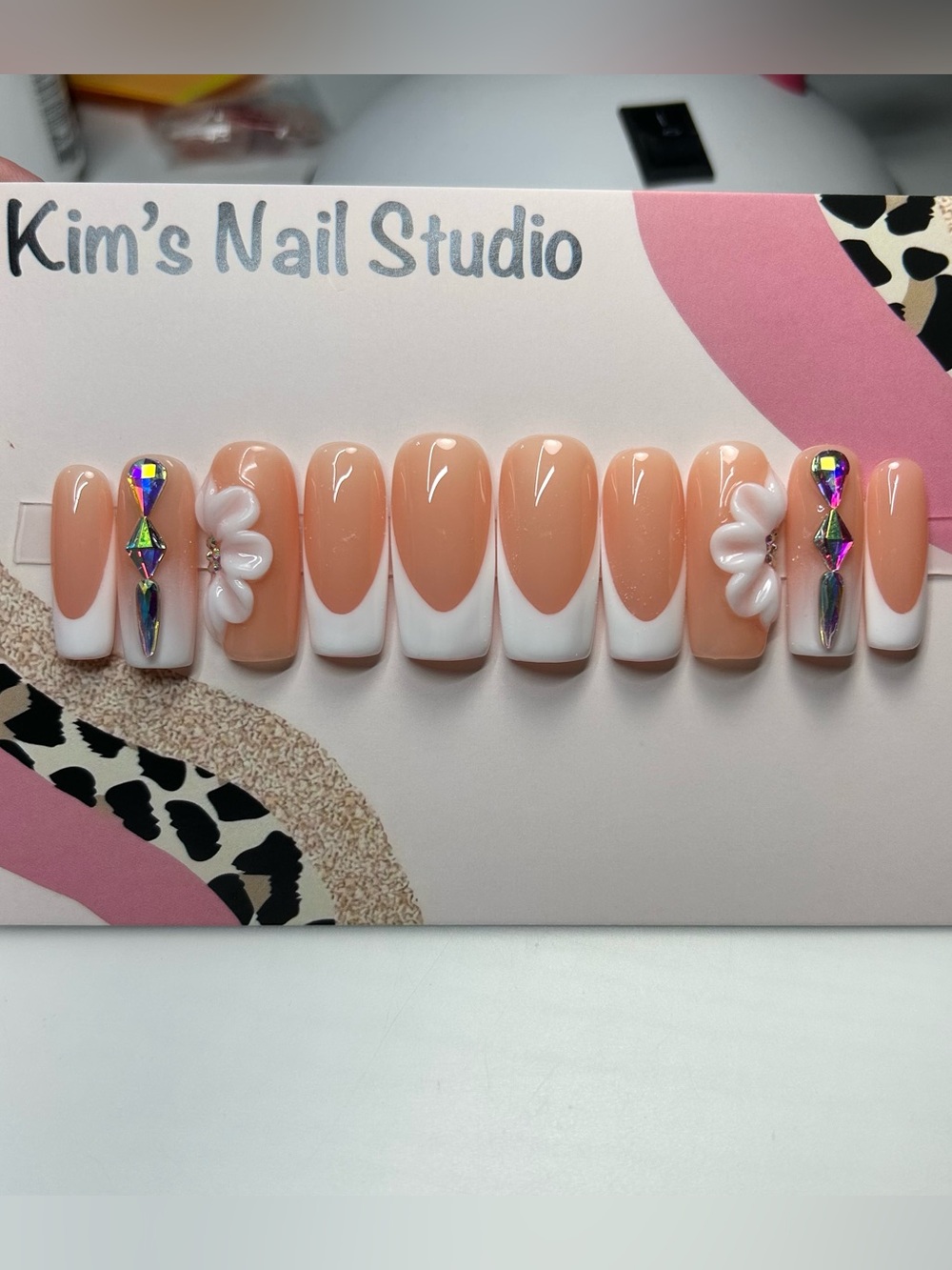 White French Press-On Nails with Rhinestone & Flower Accent - Long Square size M
